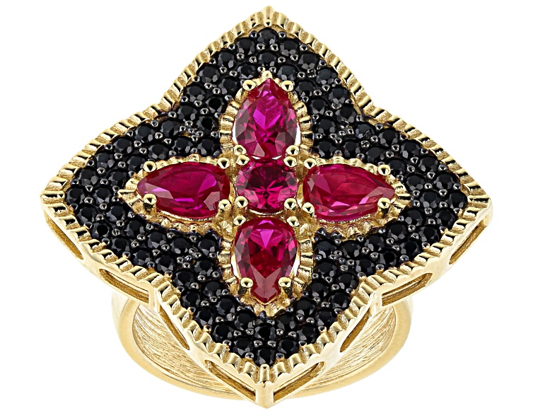 Pre-Owned Lab Created Ruby 18K Yellow Gold Over Silver Ring 4.45ctw